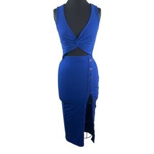Fore Royal Blue Cutout Midi Dress Ribbed Plunge Neck Party/Cocktail Size X-Small